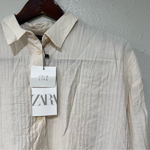 NWT Zara Wrinkled Look Shirt Beige Button Up Open Back Women’s Size Medium Linen - Picture 2 of 10